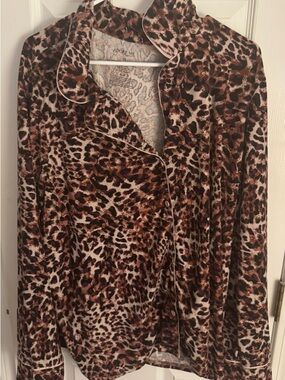 Adore Me Leopard-Print Satin Pajama Top in Brown and Black